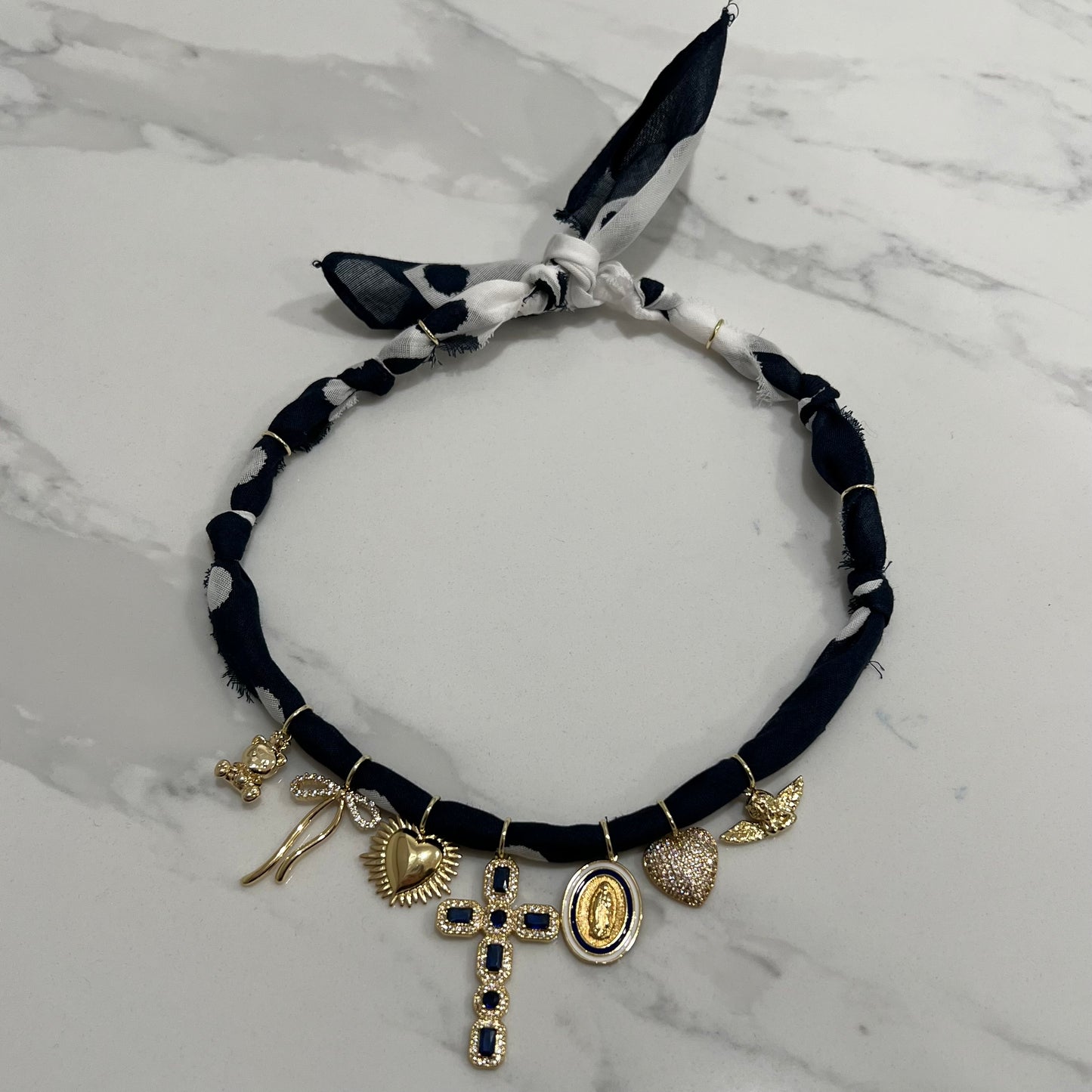 Coastal Polka Dot Bandana Necklace Navy Blue