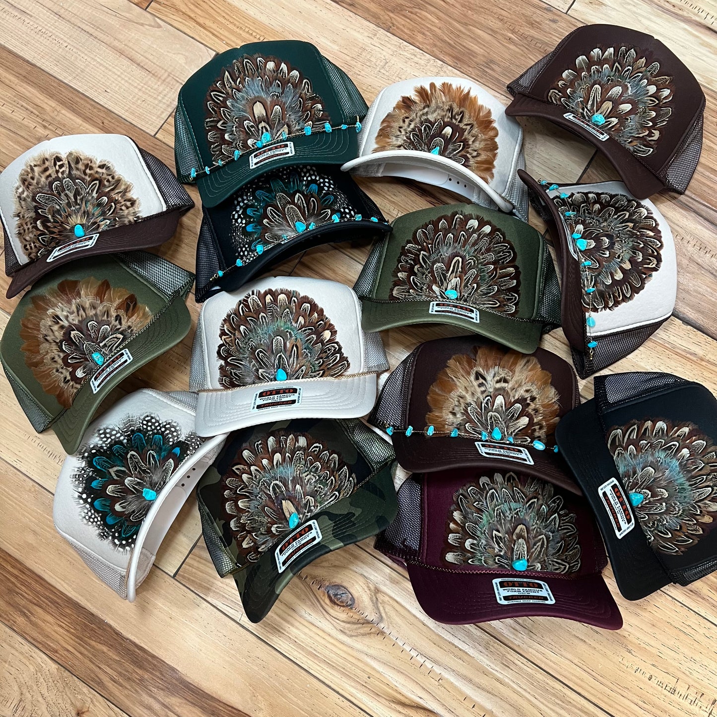 Funky FEATHER Trucker Hat Tan WITH Turquoise Beaded Hat Chain