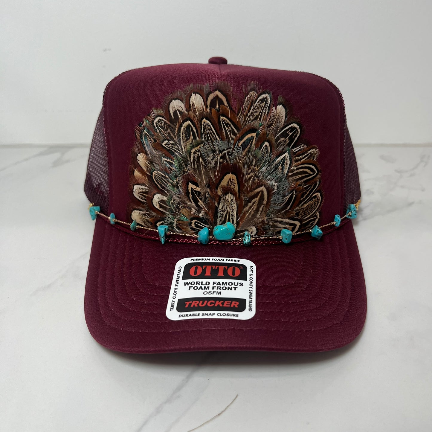 FEATHER Trucker Hat Maroon WITH Turquoise Beaded Hat Chain