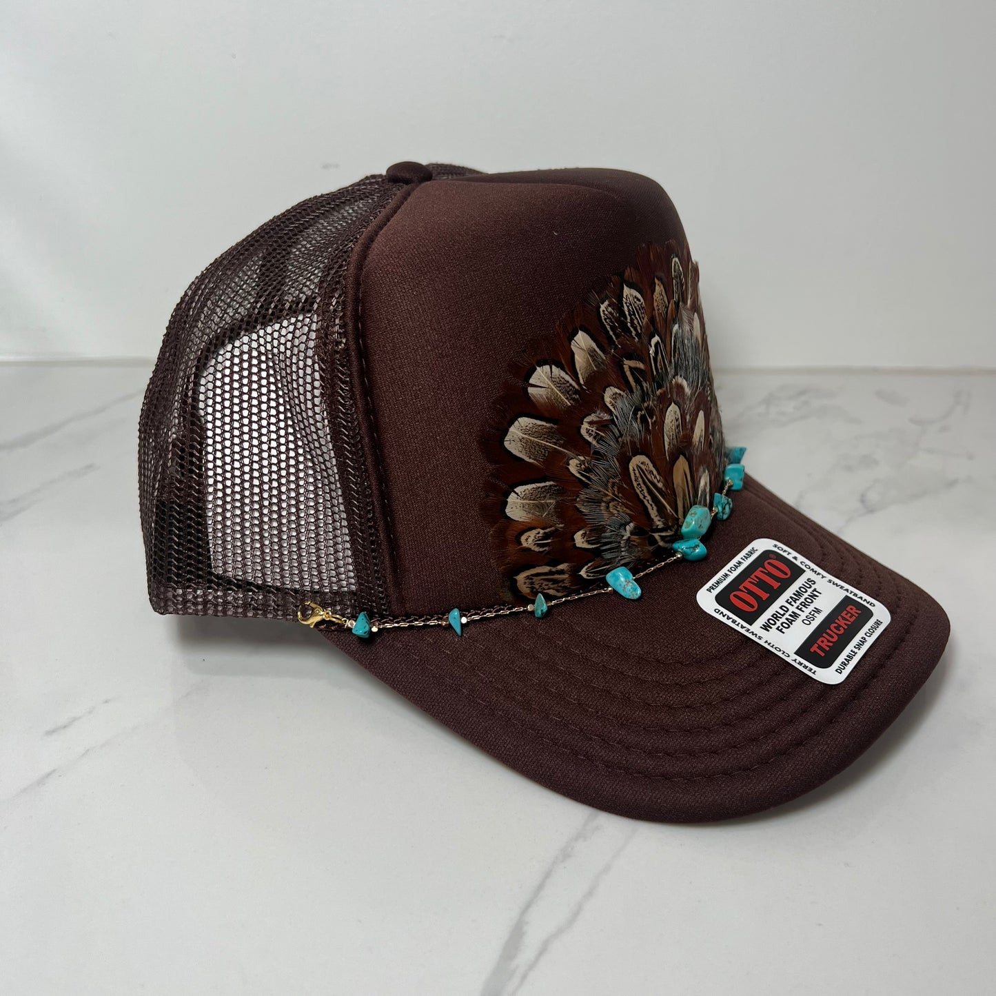 FEATHER Trucker Hat Brown WITH Turquoise Beaded Hat Chain