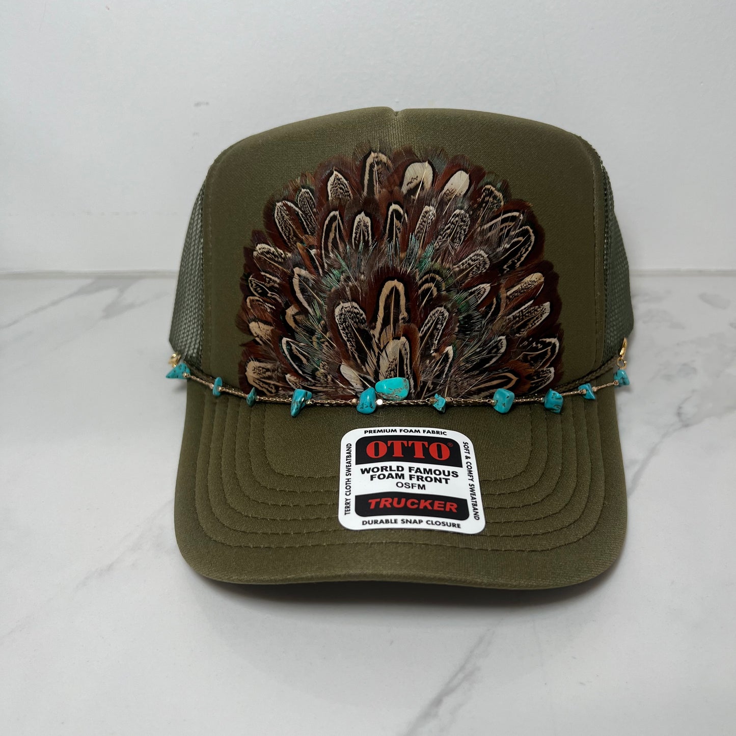 FEATHER Trucker Hat Olive Green WITH Turquoise Beaded Hat Chain