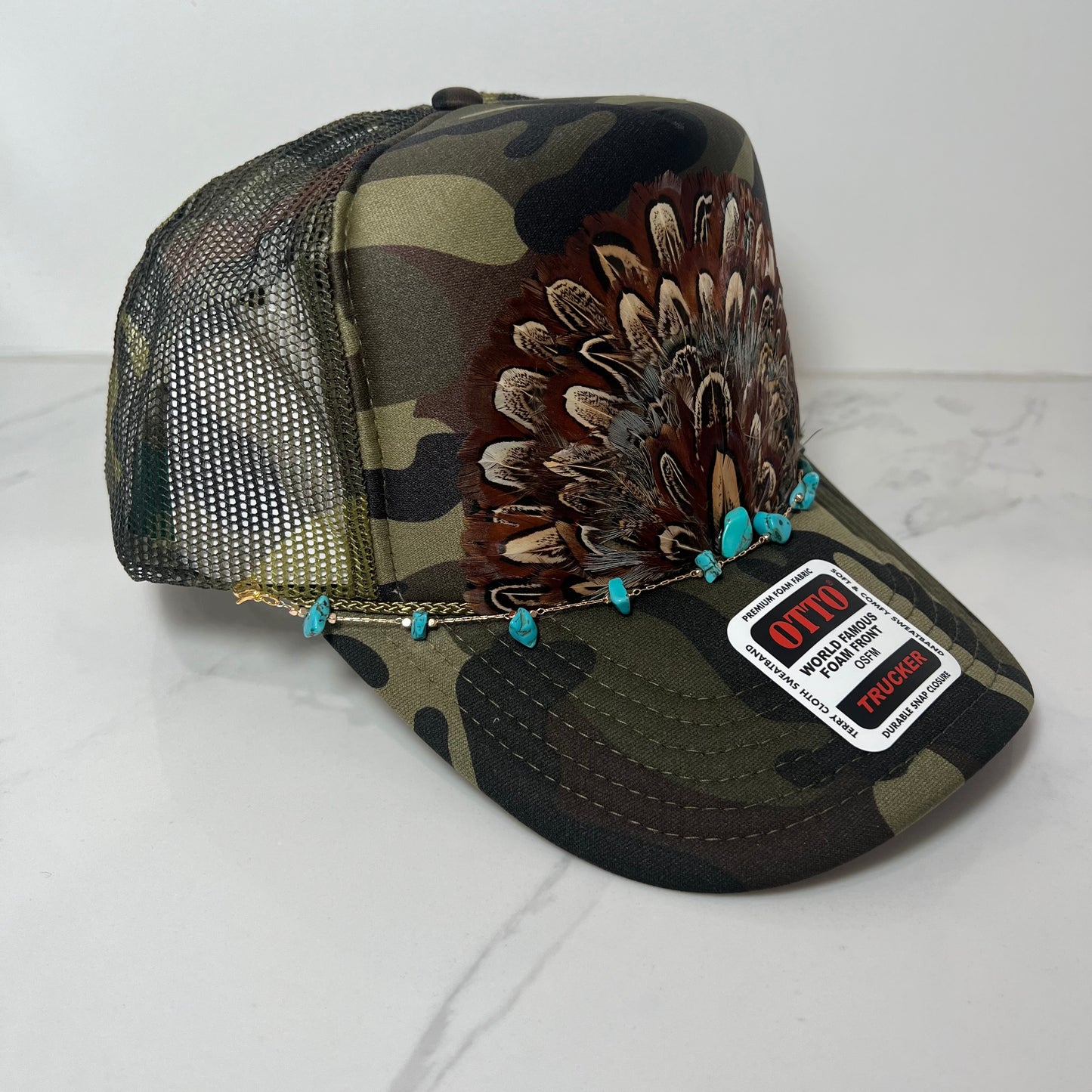 FEATHER Trucker Hat Allover Camo WITH Turquoise Beaded Hat Chain