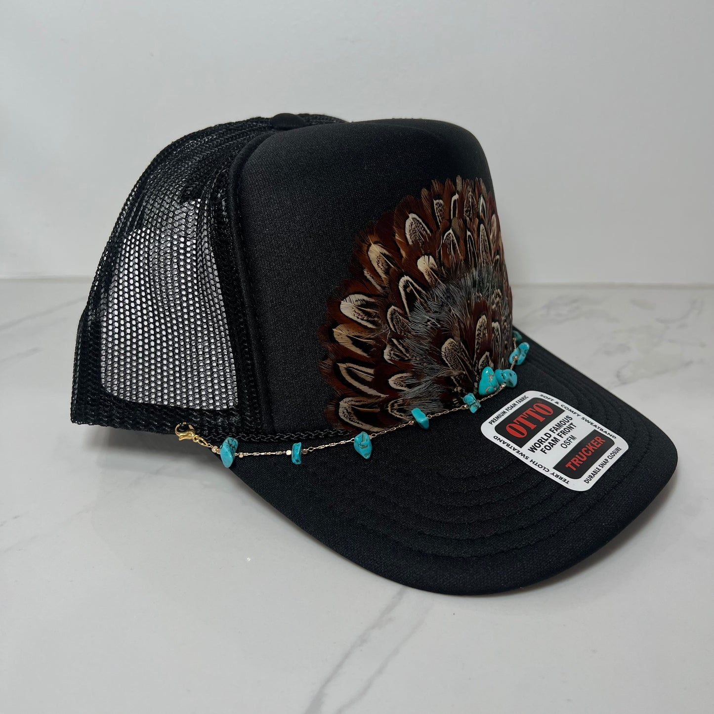FEATHER Trucker Hat Black WITH Turquoise Beaded Hat Chain