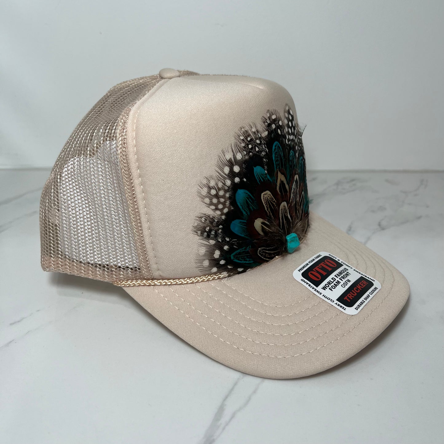 FEATHER Trucker Hat Black White Spotted Tan with Blue Feathers