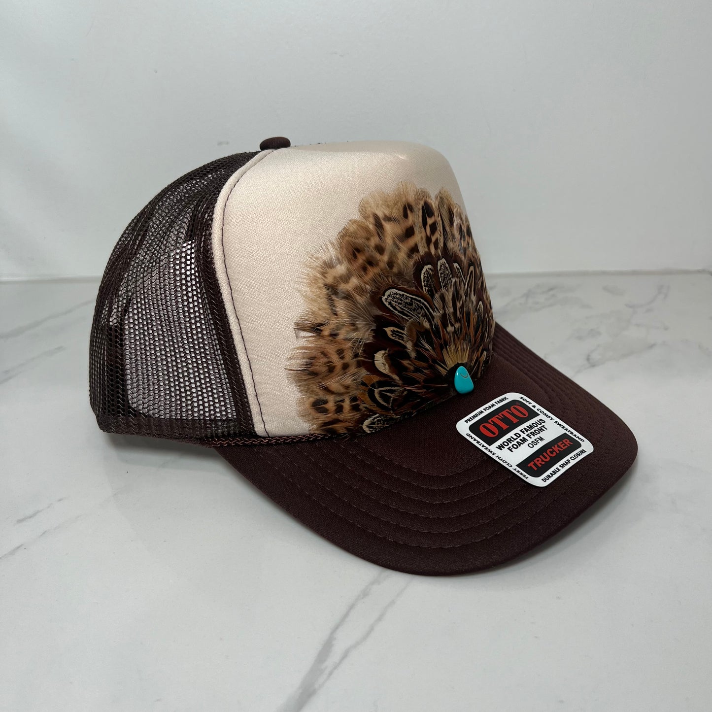 FEATHER Trucker Hat Tan and Brown
