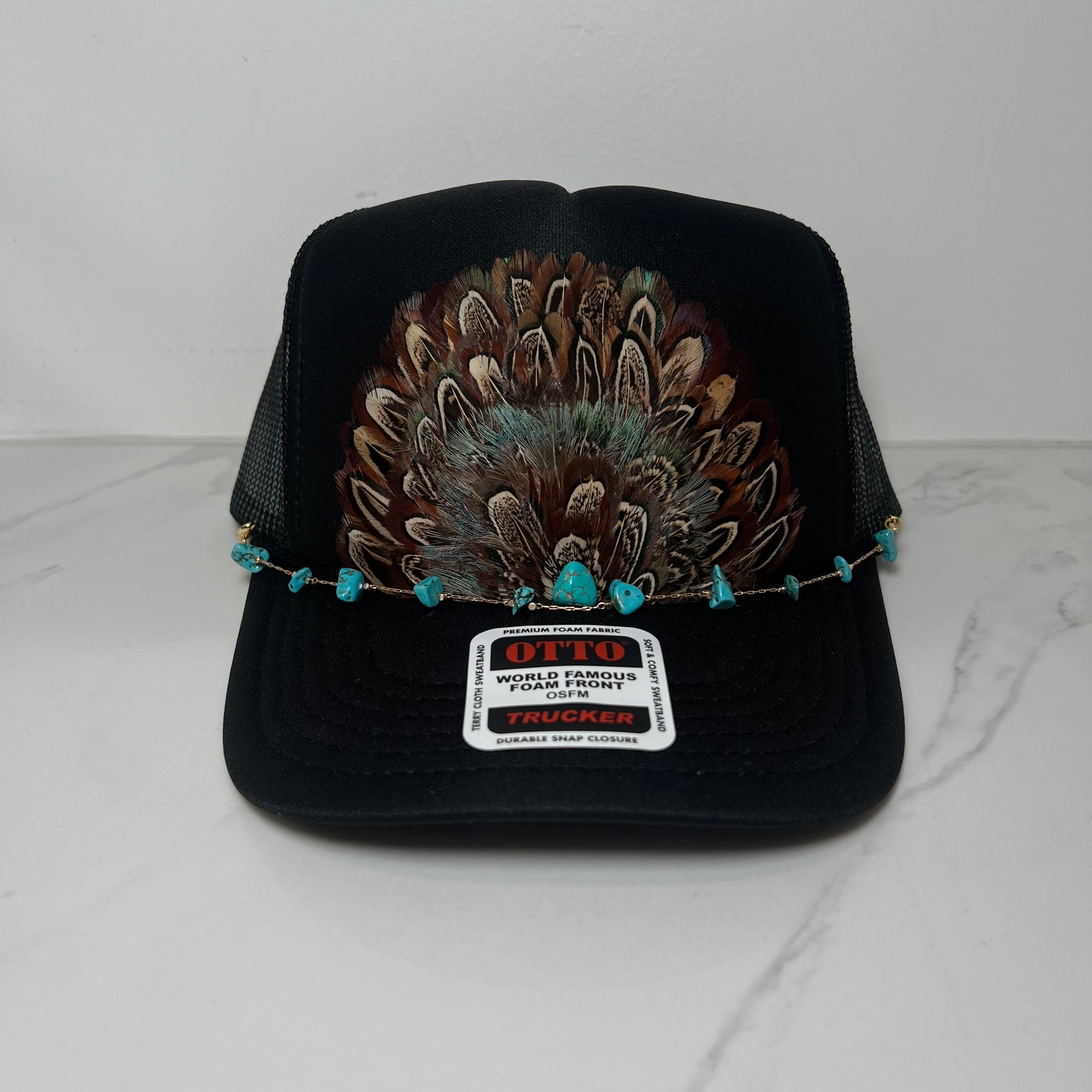 FEATHER Trucker Hat Black WITH Turquoise Beaded Hat Chain