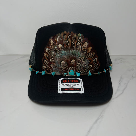 FEATHER Trucker Hat Black WITH Turquoise Beaded Hat Chain