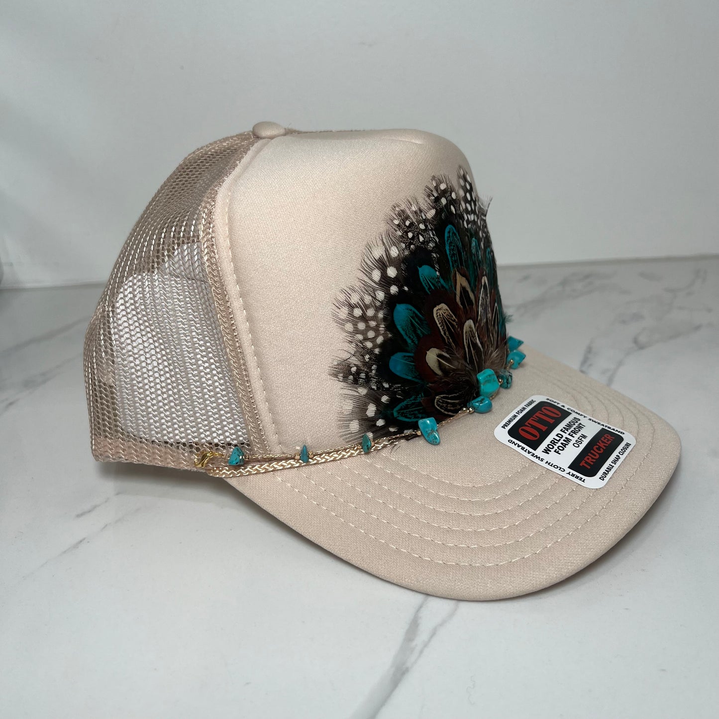 FEATHER Trucker Hat Black White Spotted Tan with Blue Feathers WITH Turquoise Beaded Hat Chain