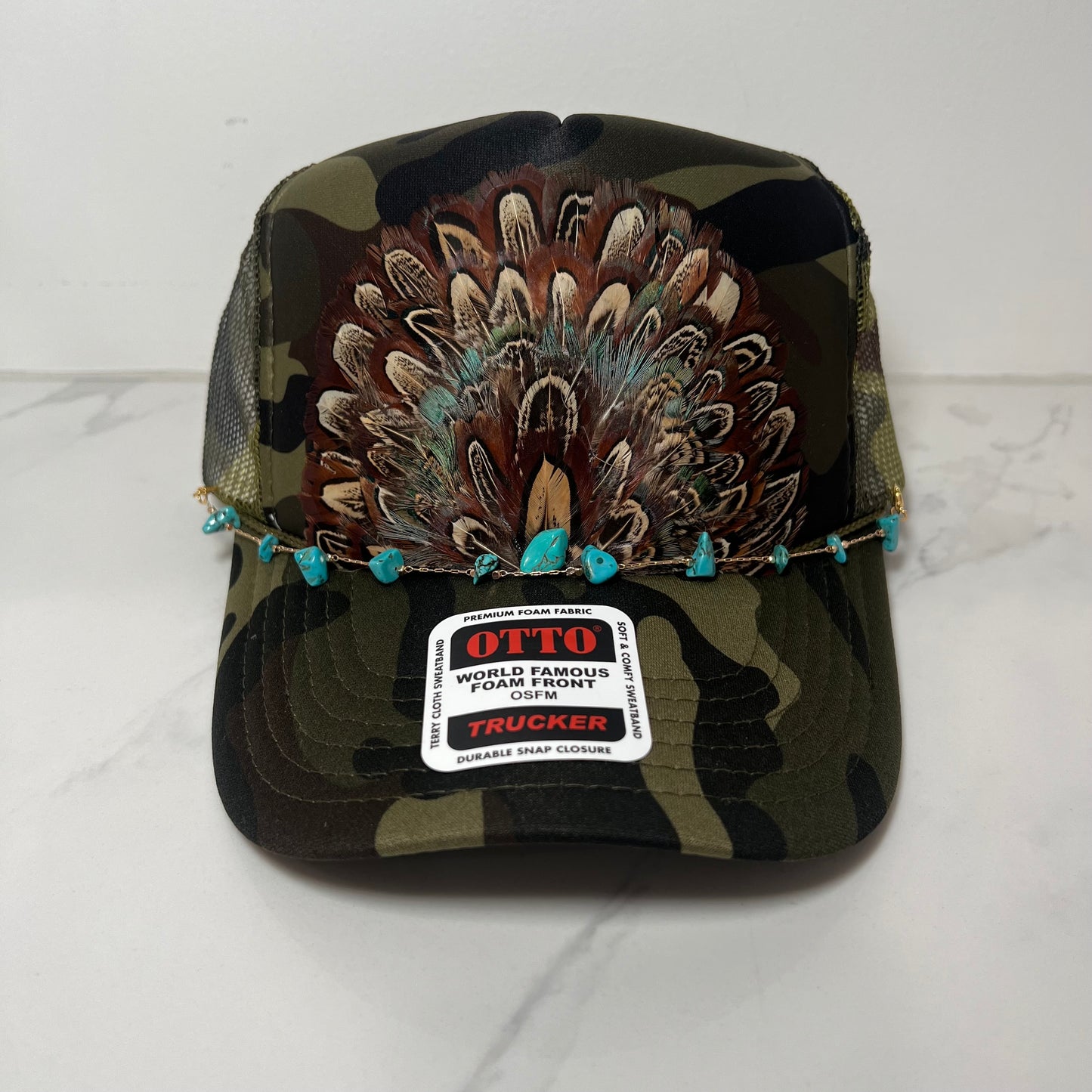 FEATHER Trucker Hat Allover Camo WITH Turquoise Beaded Hat Chain
