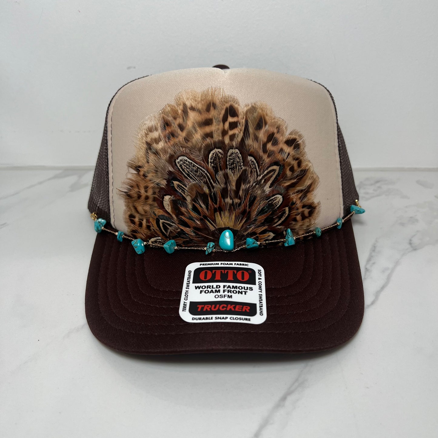 FEATHER Trucker Hat Tan and Brown WITH Turquoise Beaded Hat Chain