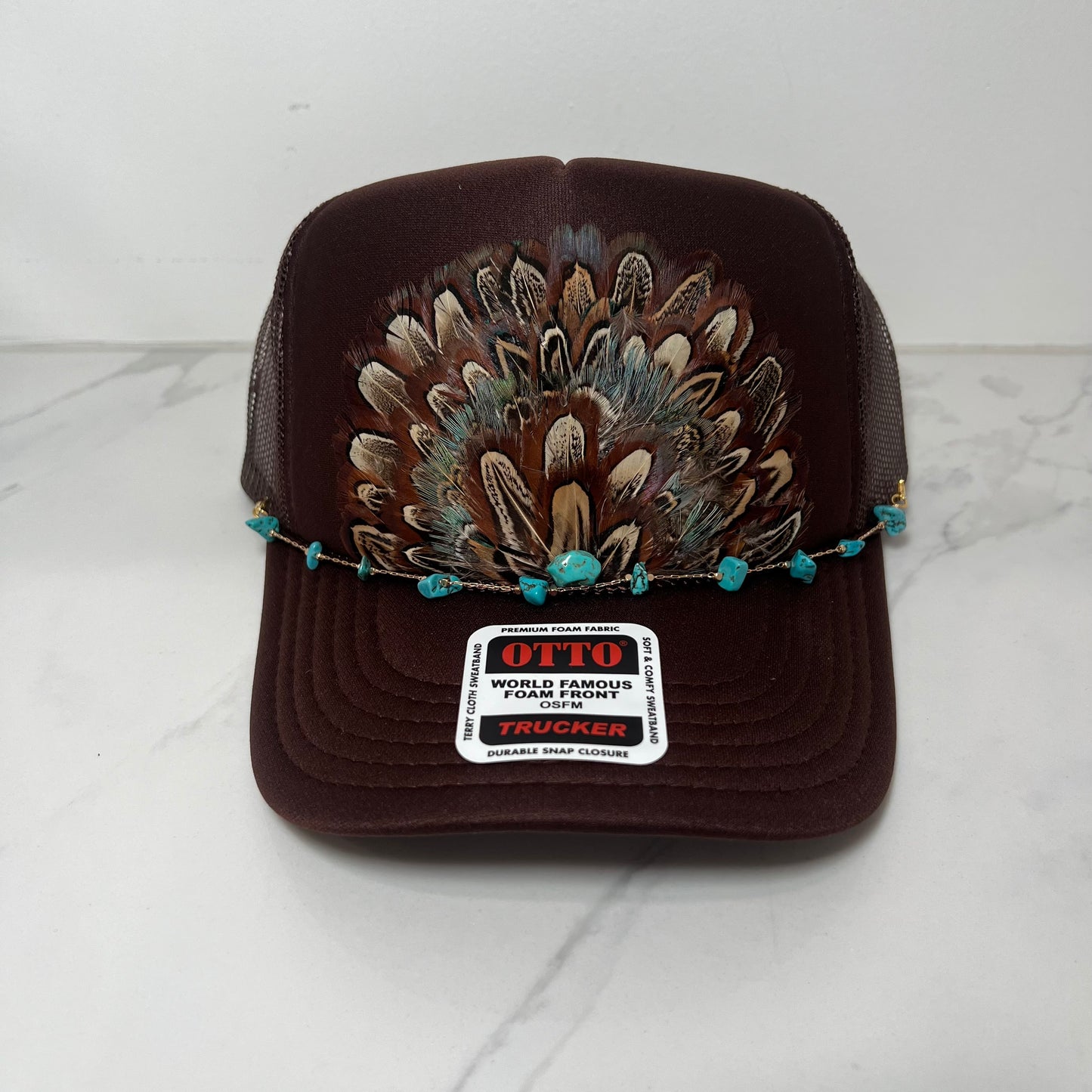 FEATHER Trucker Hat Brown WITH Turquoise Beaded Hat Chain