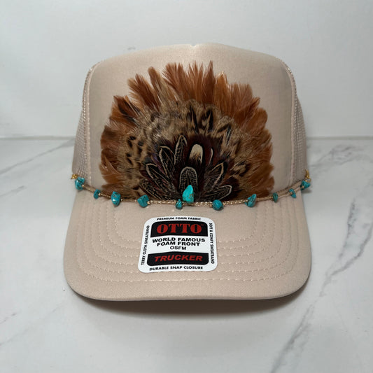 Funky FEATHER Trucker Hat Tan WITH Turquoise Beaded Hat Chain