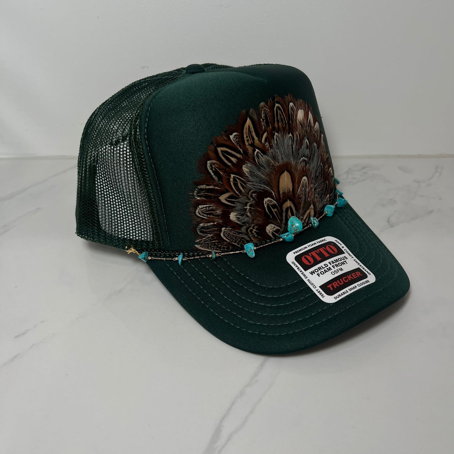 FEATHER Trucker Hat Dark Green WITH Turquoise Beaded Hat Chain