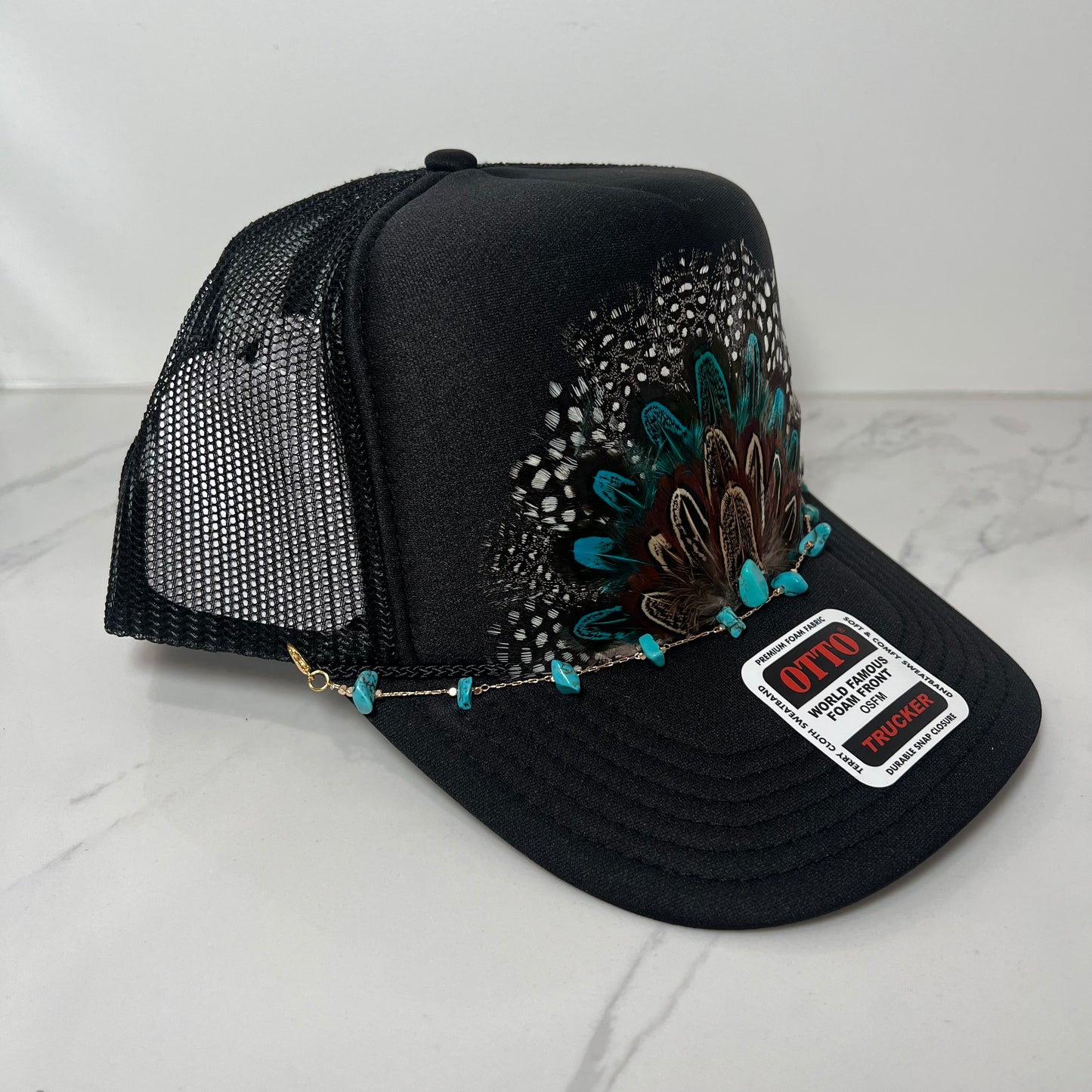 FEATHER Trucker Hat Black White Spotted Black with Blue Feathers WITH Turquoise Beaded Hat Chain