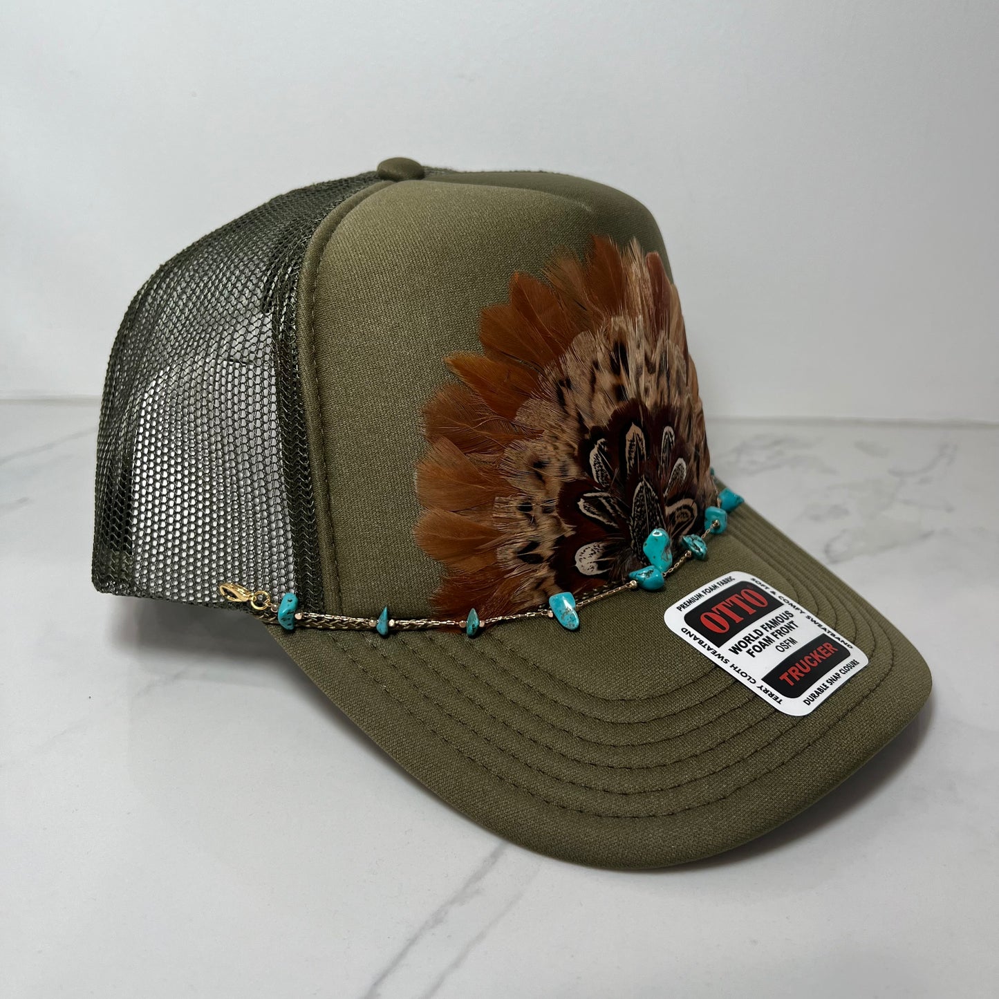 Funky FEATHER Trucker Hat Olive Green WITH Turquoise Beaded Hat Chain