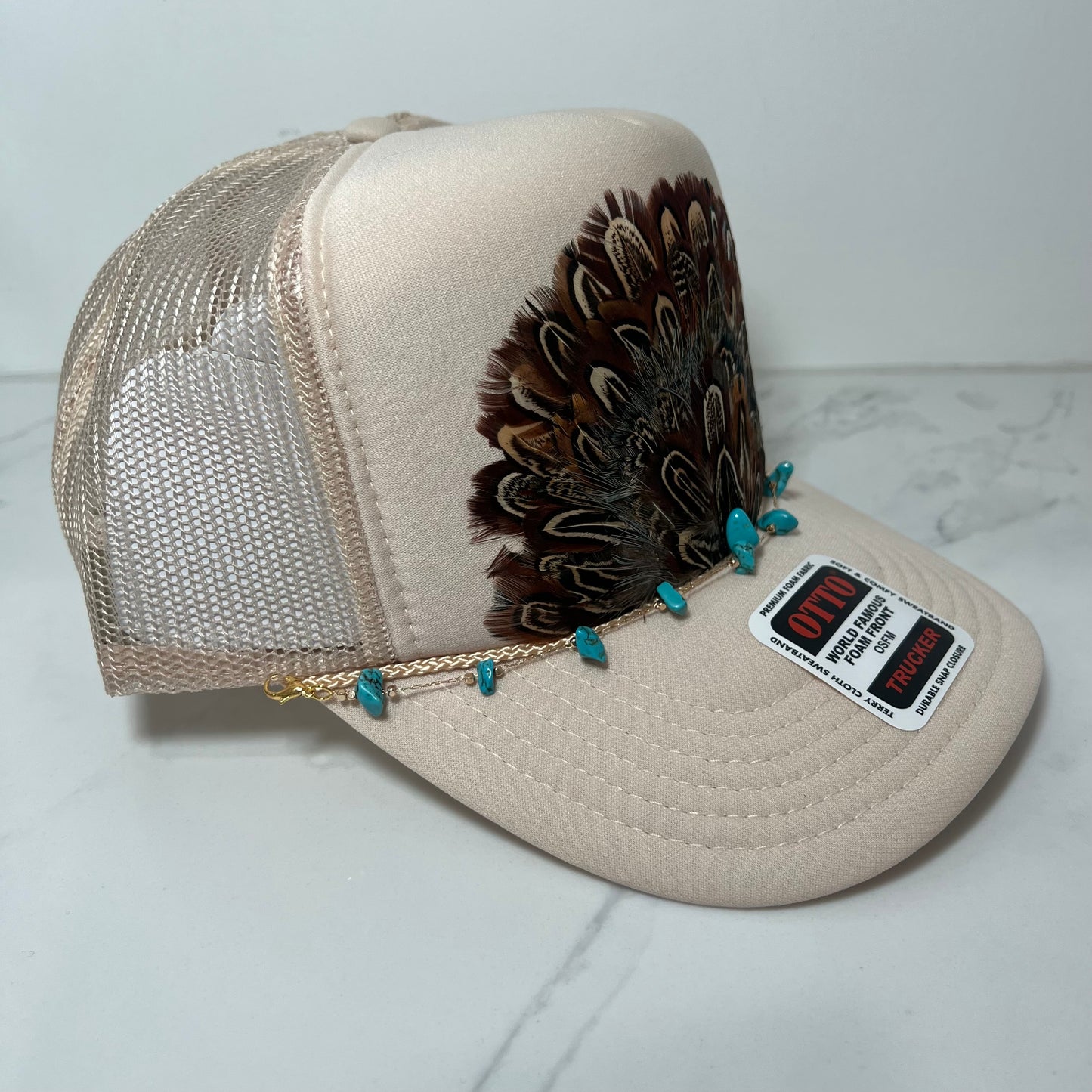 FEATHER Trucker Hat Tan WITH Turquoise Beaded Hat Chain