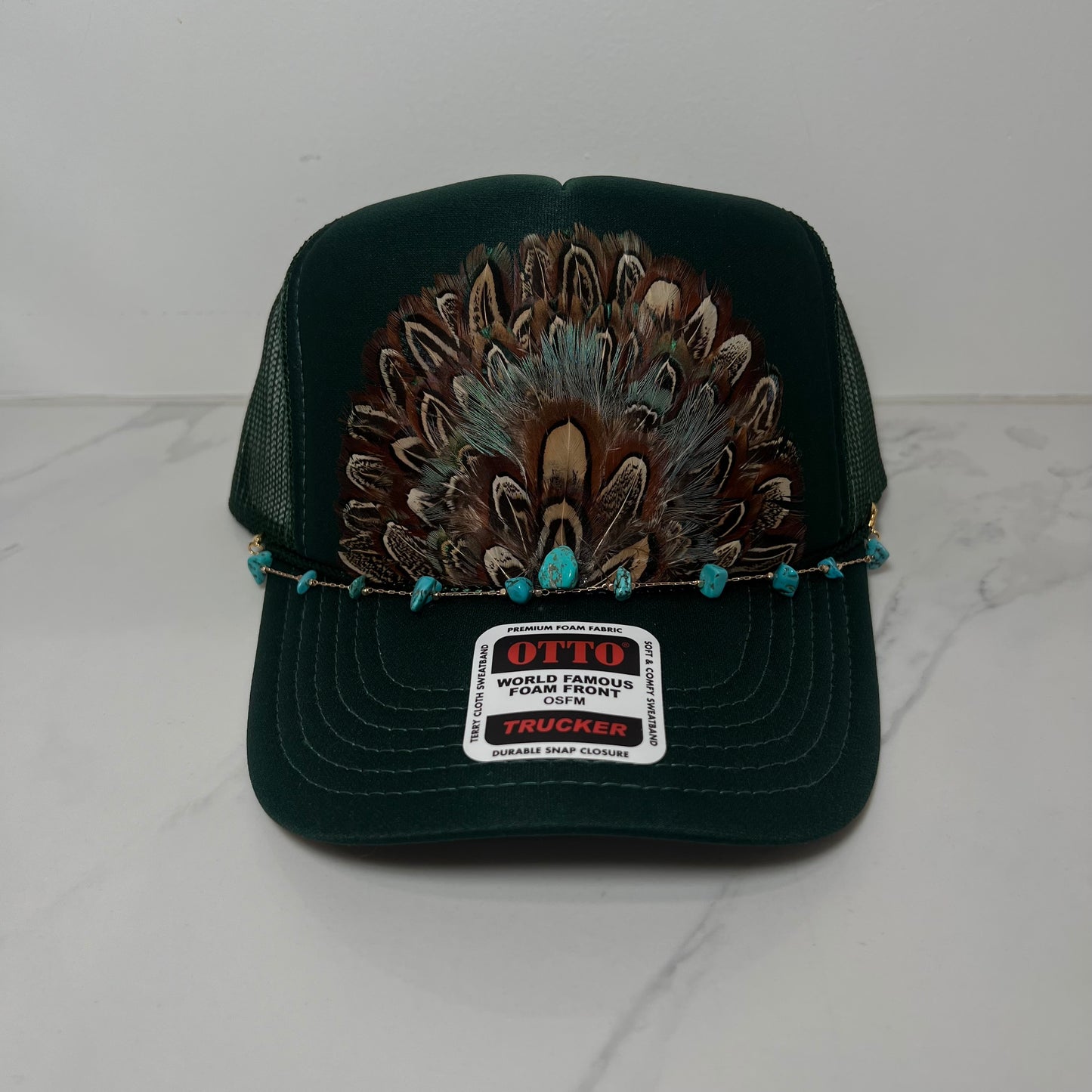 FEATHER Trucker Hat Dark Green WITH Turquoise Beaded Hat Chain