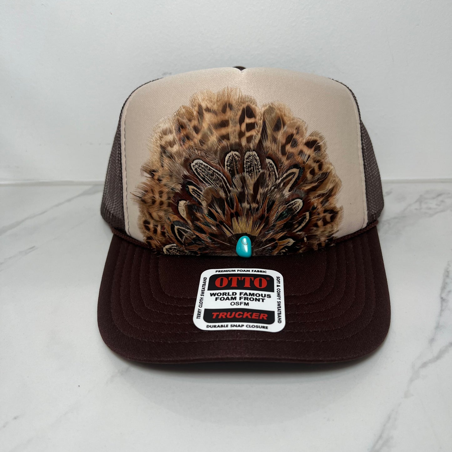 FEATHER Trucker Hat Tan and Brown