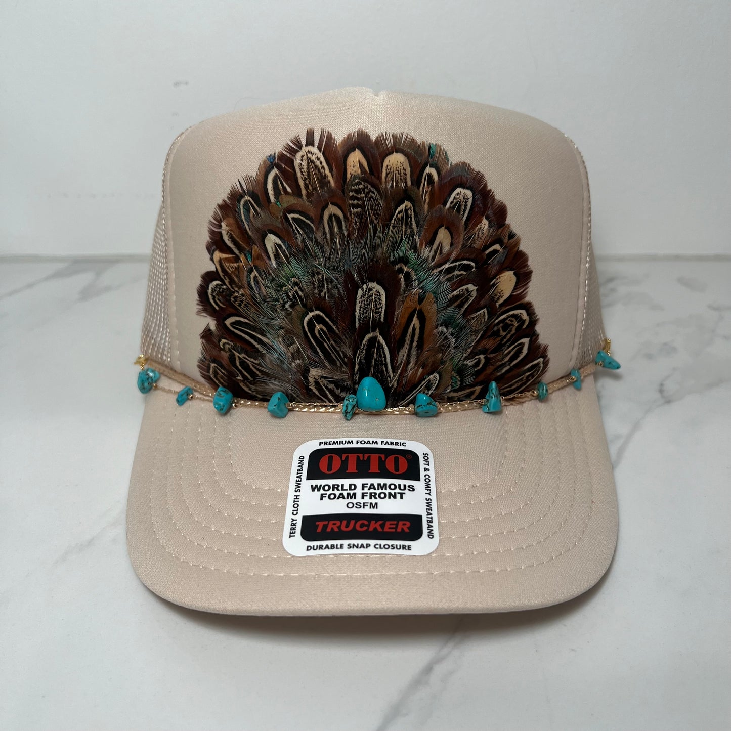 FEATHER Trucker Hat Tan WITH Turquoise Beaded Hat Chain