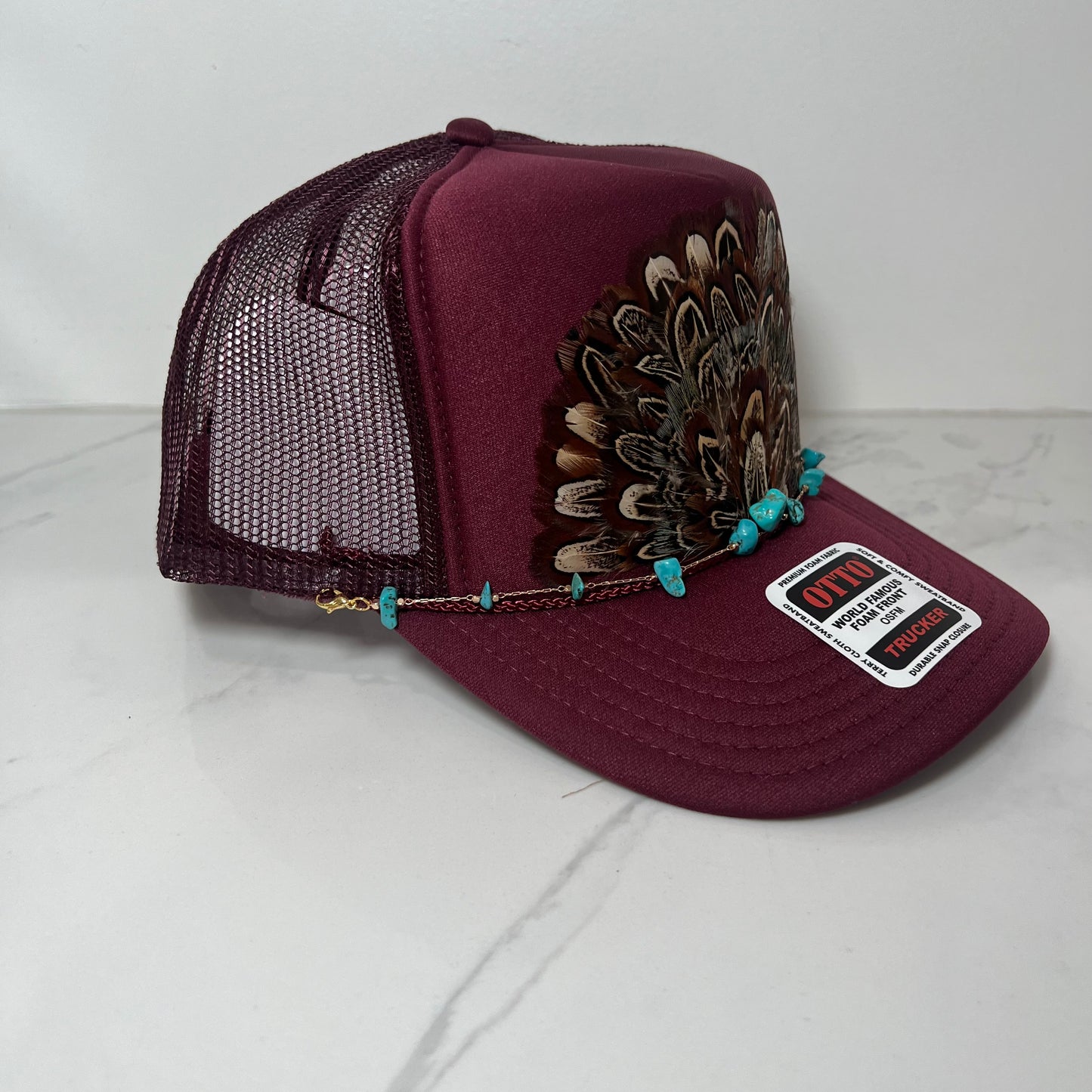 FEATHER Trucker Hat Maroon WITH Turquoise Beaded Hat Chain