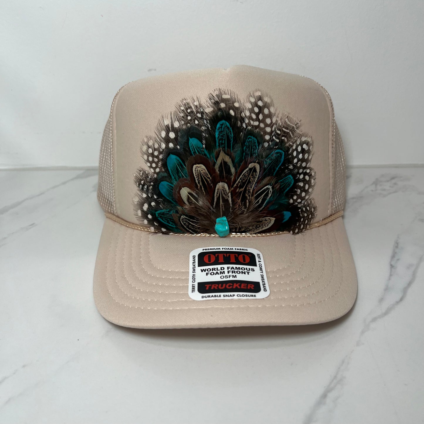 FEATHER Trucker Hat Black White Spotted Tan with Blue Feathers