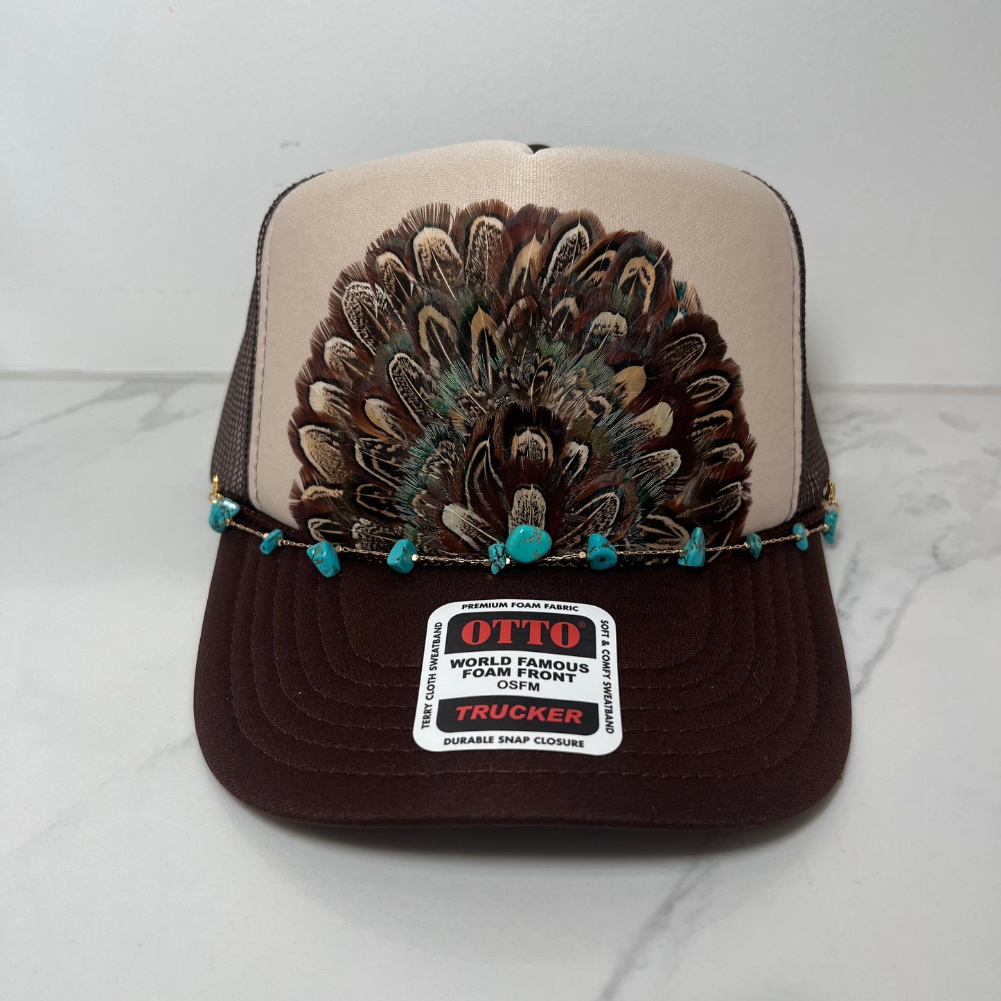 FEATHER Trucker Hat Two Tone Tan and Brown WITH Turquoise Beaded Hat Chain