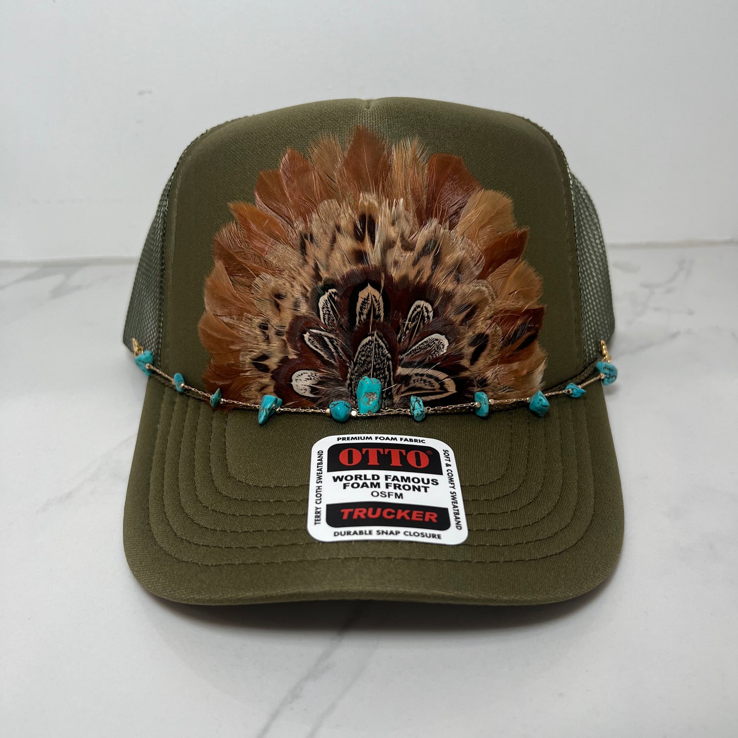 Funky FEATHER Trucker Hat Olive Green WITH Turquoise Beaded Hat Chain