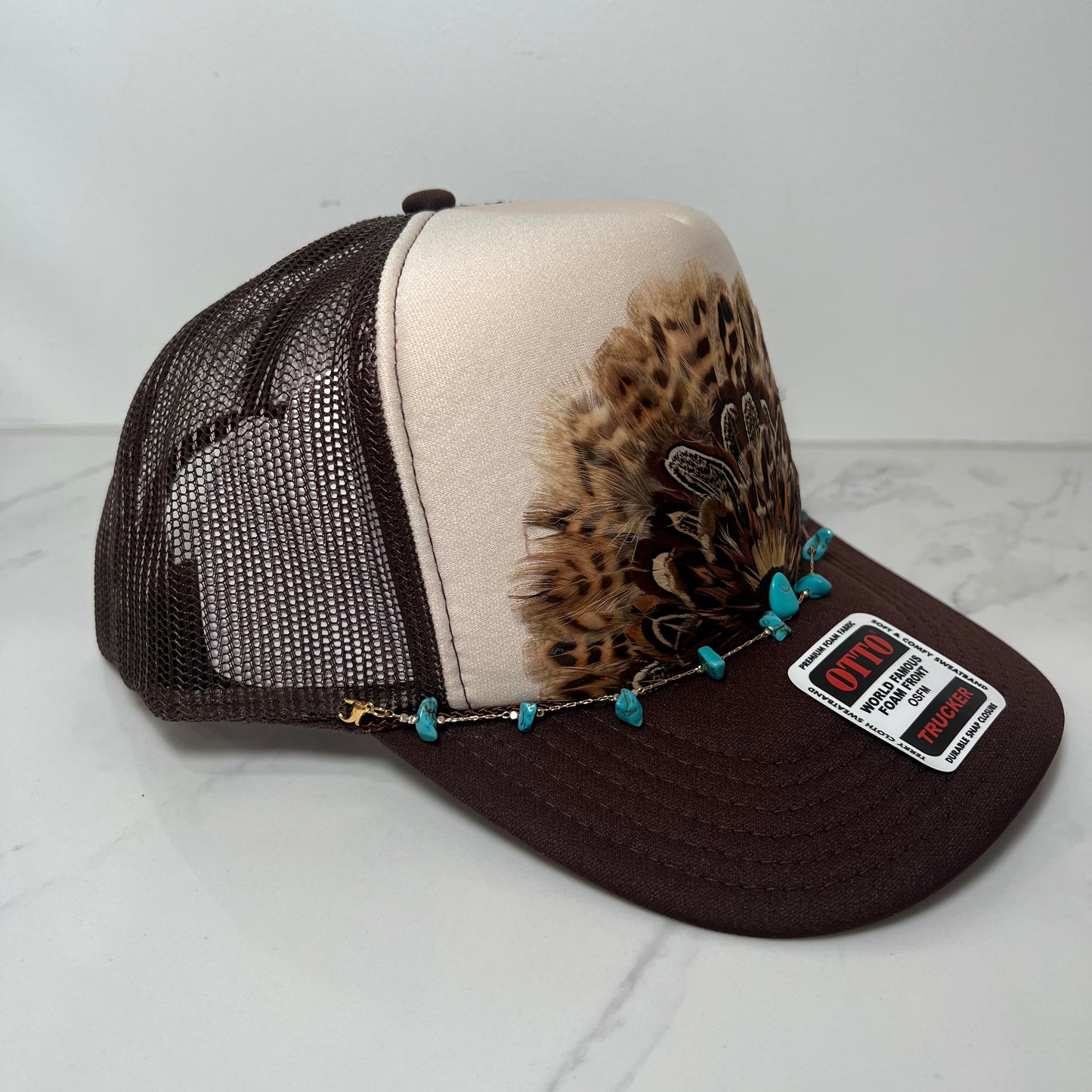 FEATHER Trucker Hat Tan and Brown WITH Turquoise Beaded Hat Chain