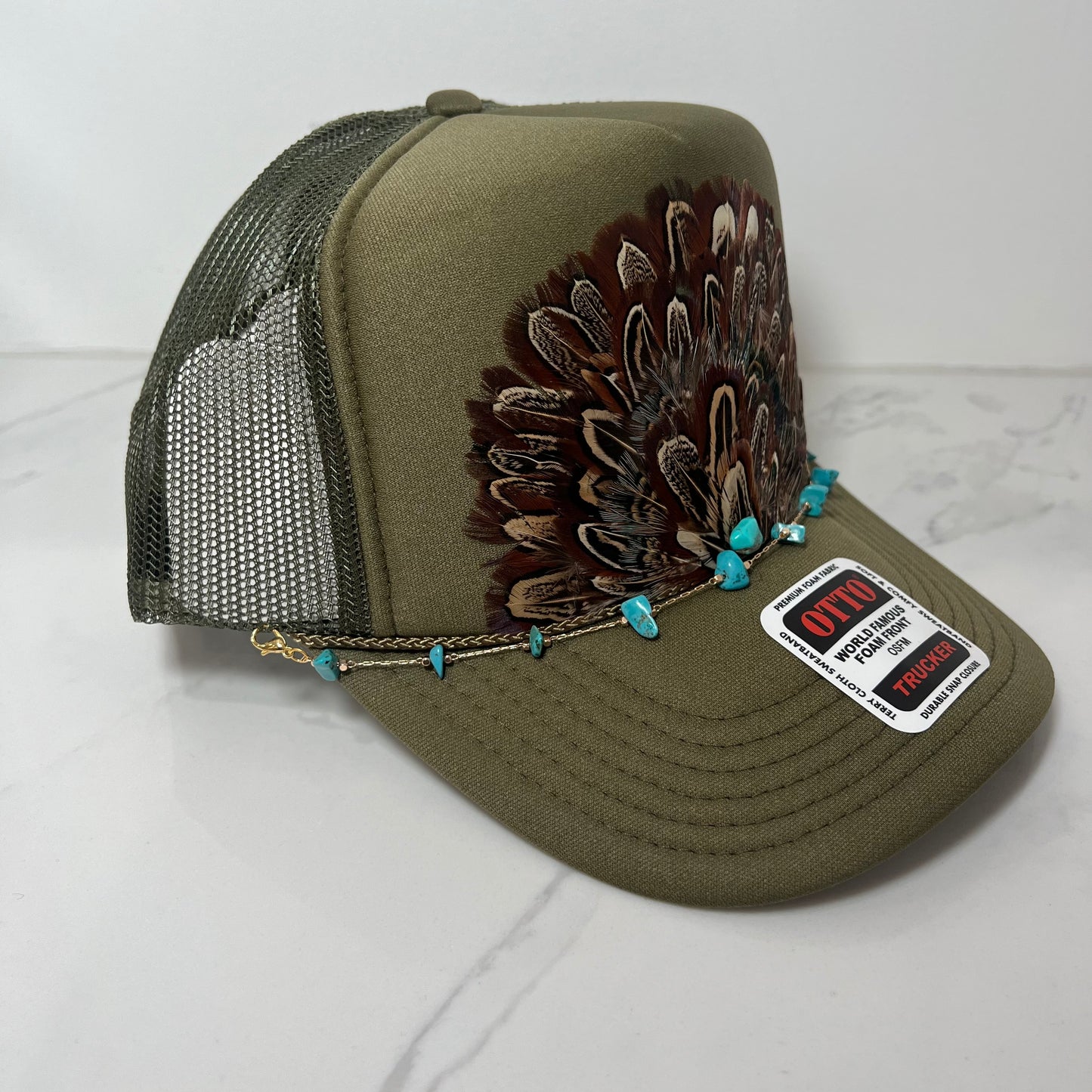 FEATHER Trucker Hat Olive Green WITH Turquoise Beaded Hat Chain