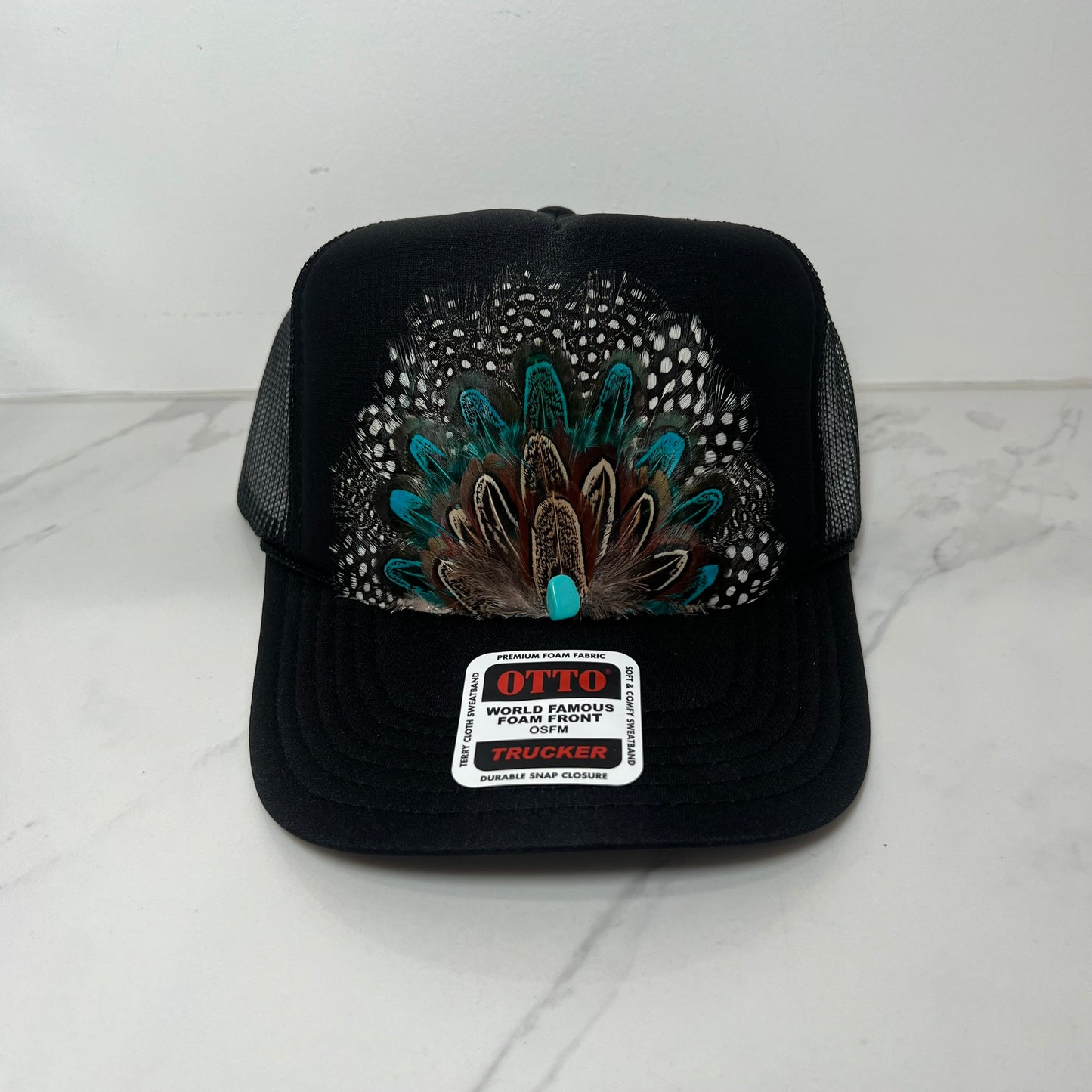 FEATHER Trucker Hat Black White Spotted Black with Blue Feathers