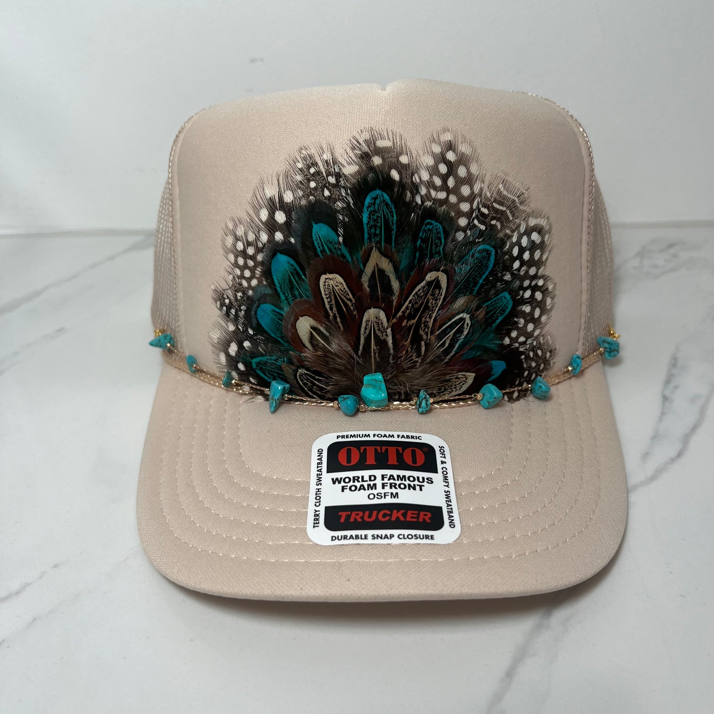 FEATHER Trucker Hat Black White Spotted Tan with Blue Feathers WITH Turquoise Beaded Hat Chain