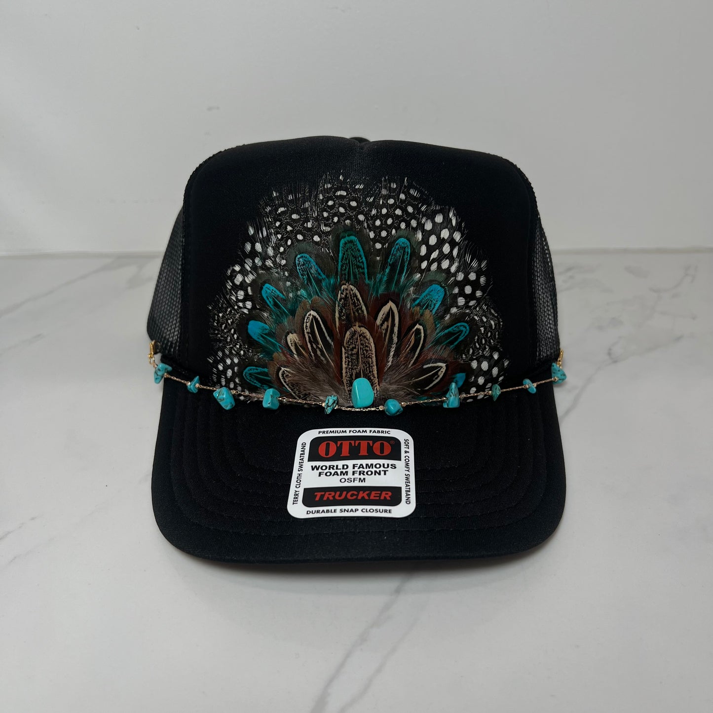 FEATHER Trucker Hat Black White Spotted Black with Blue Feathers WITH Turquoise Beaded Hat Chain