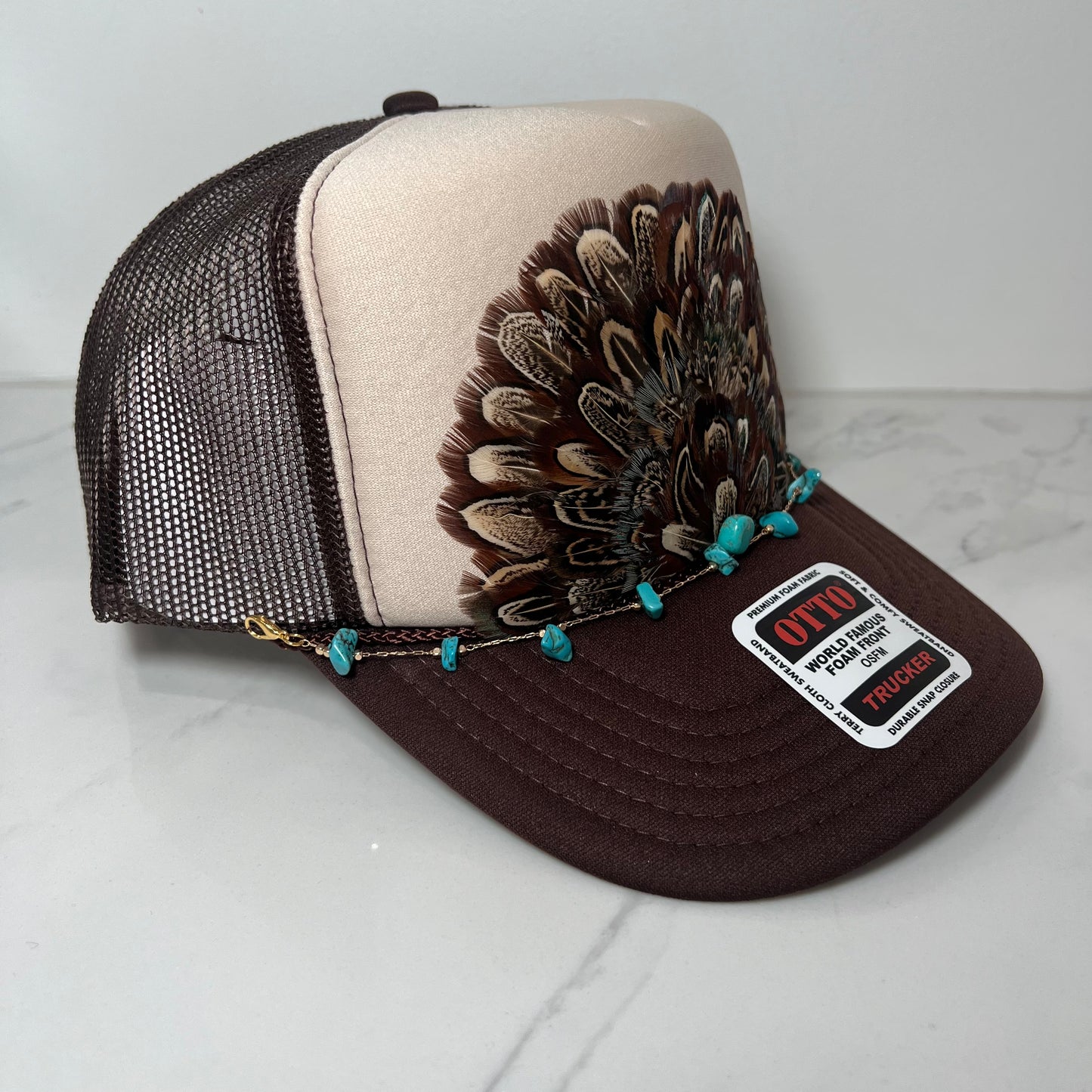FEATHER Trucker Hat Two Tone Tan and Brown WITH Turquoise Beaded Hat Chain