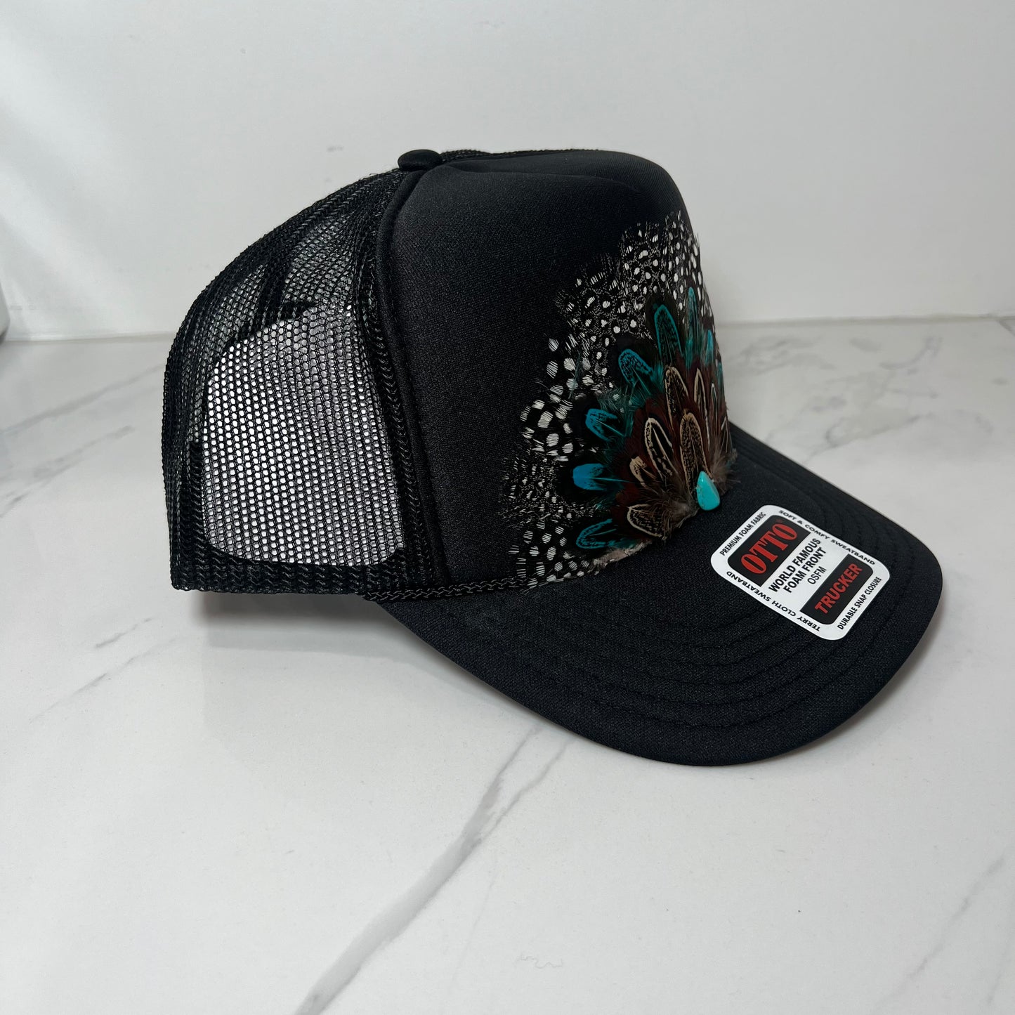 FEATHER Trucker Hat Black White Spotted Black with Blue Feathers
